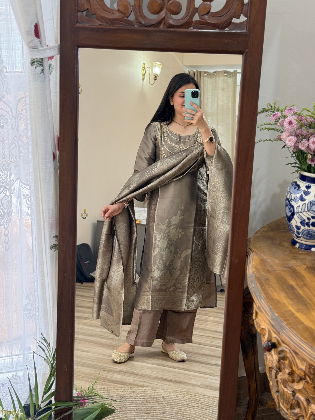 Designer Heavy Partywear Suit | Tissue Brocade suit | With cotton lining| Hand Embroidered| Designer Duppata
