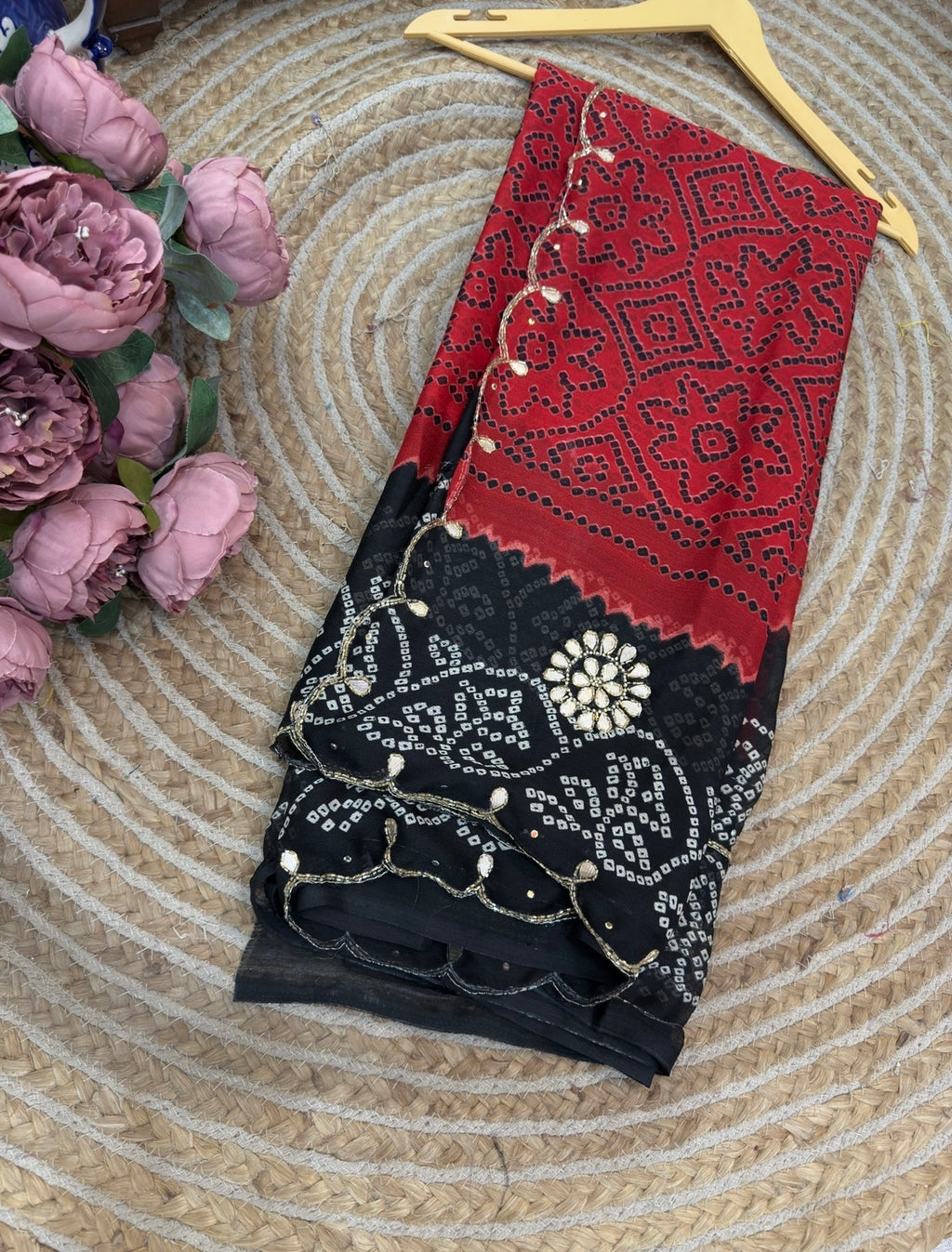 Red & Black Pure Georgette Saree | Cutdana Handwork | With blouse