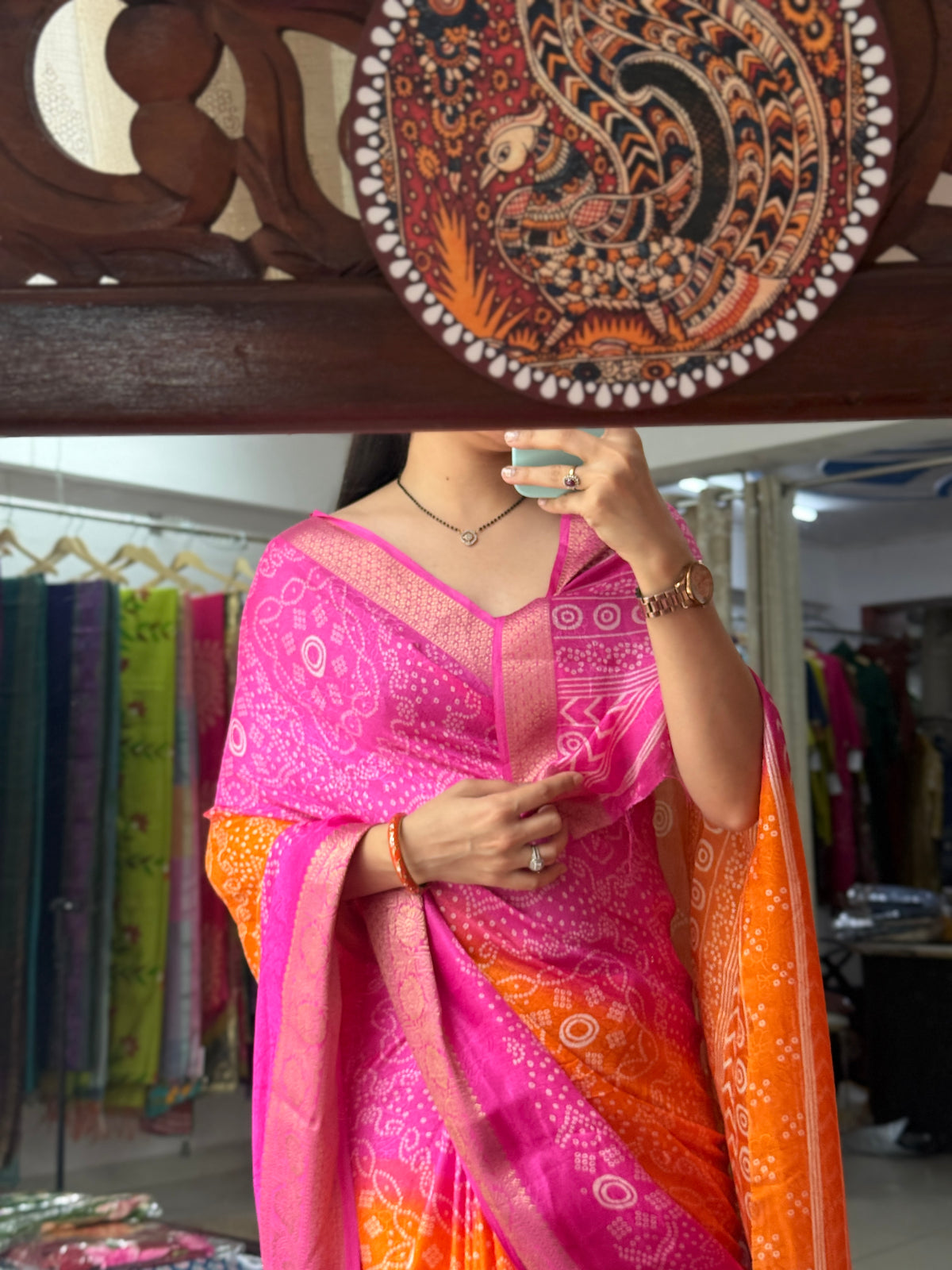 Pink Orange   Bandhani Saree|  Woven border on both sides| With blouse| Self weave dola silk