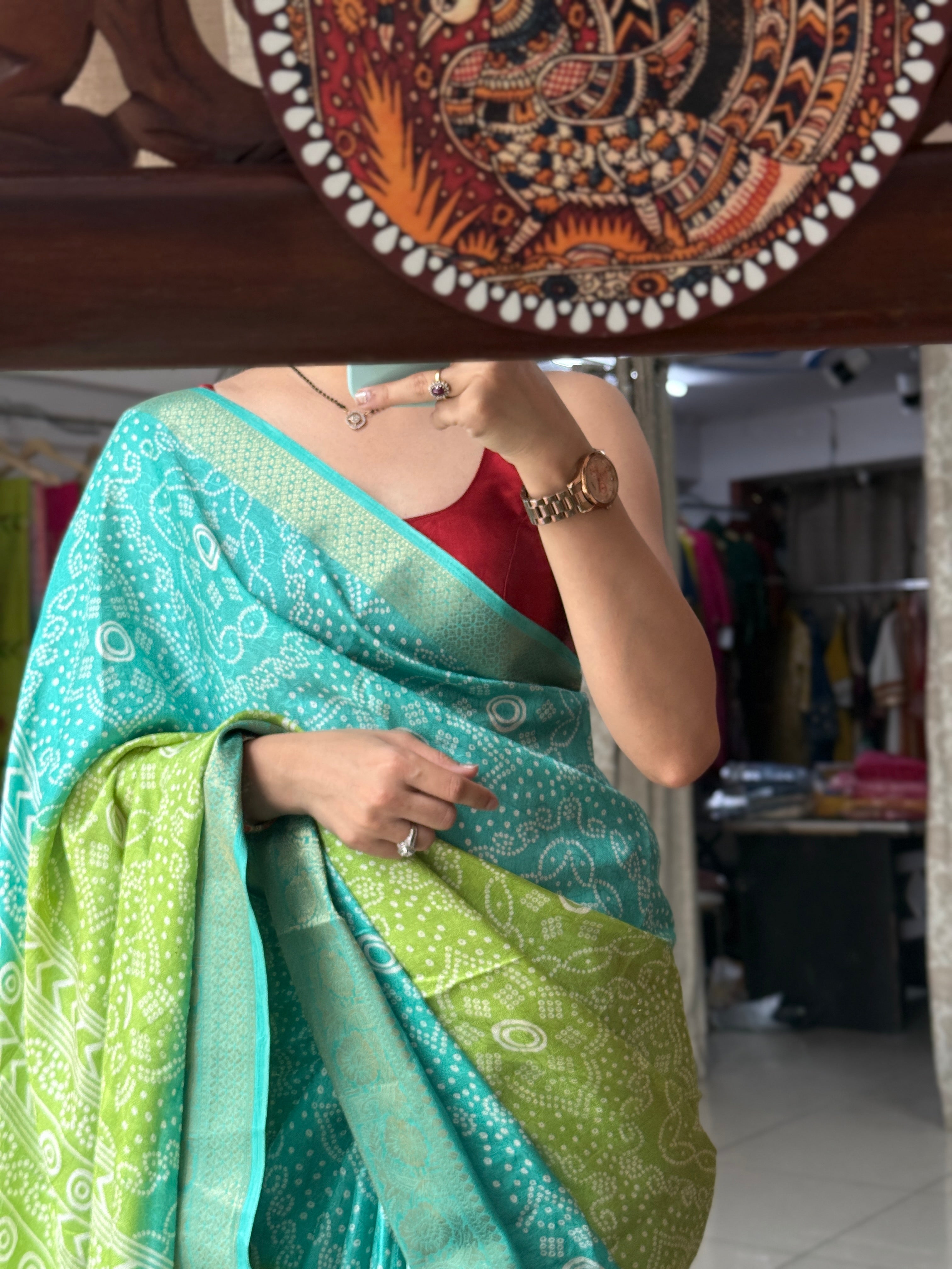 Firozi Green Bandhani Saree|  Woven border on both sides| With blouse| Self weave dola silk