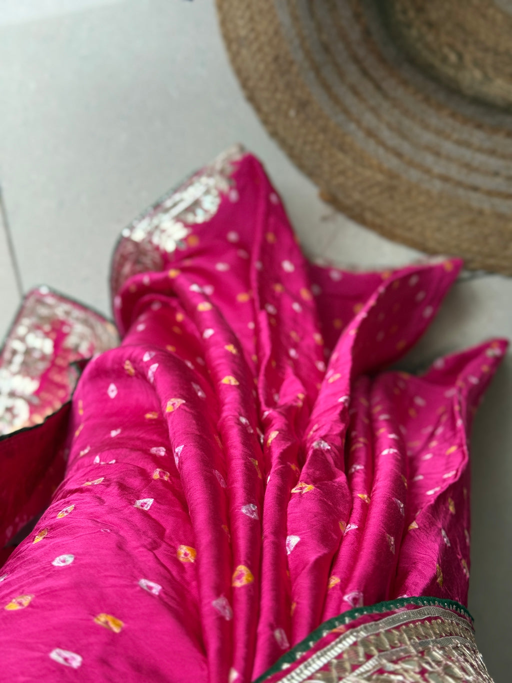 Rani Pink Pure Gaji Silk Bandhani Saree with Gotta Patti Handwork|Comes with blouse | Premium Handwork Saree