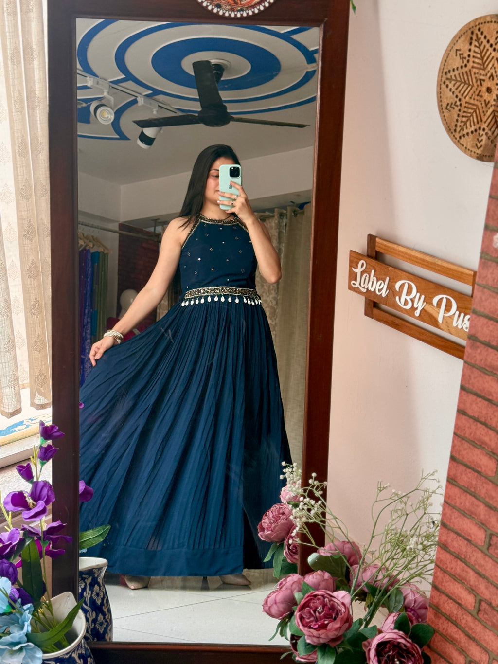 Blue Partywear Hand embroidered Dress| Extra sleeves| Comes with hand embroidered belt| Duppata for styling| Rakhi Special