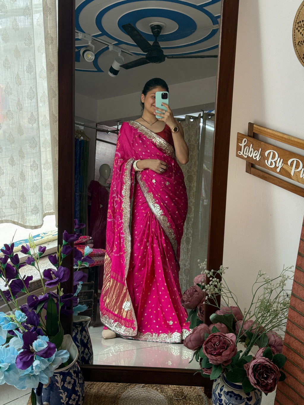 Rani Pink Pure Gaji Silk Bandhani Saree with Gotta Patti Handwork|Comes with blouse | Premium Handwork Saree