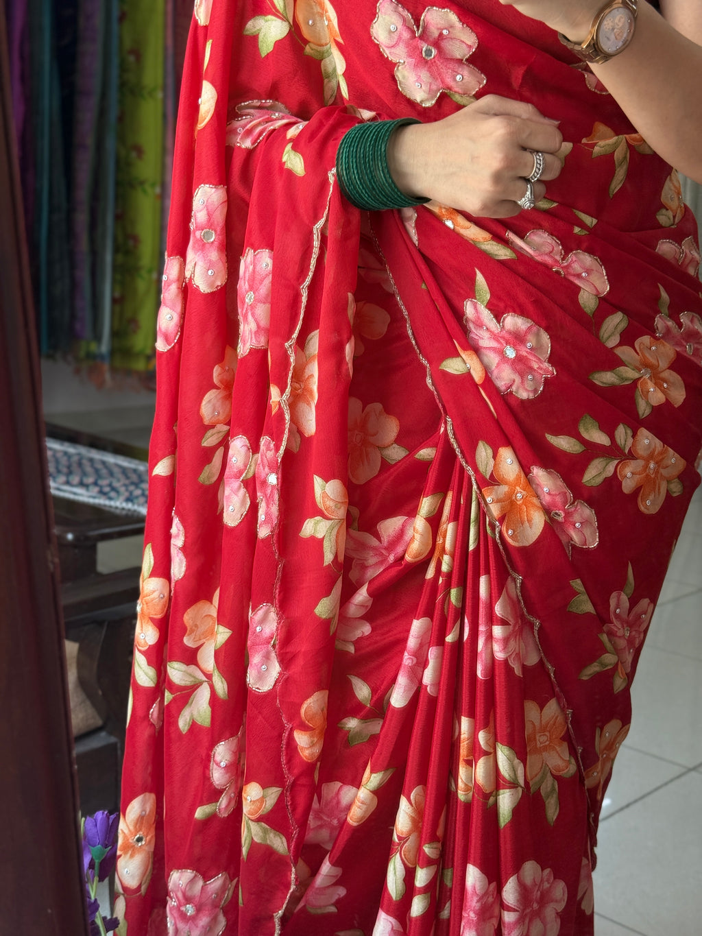 Red cutdana Saree|  scallop border| With blouse| Crepe Fabric| Heavy hand embroidery on pallu & pleates