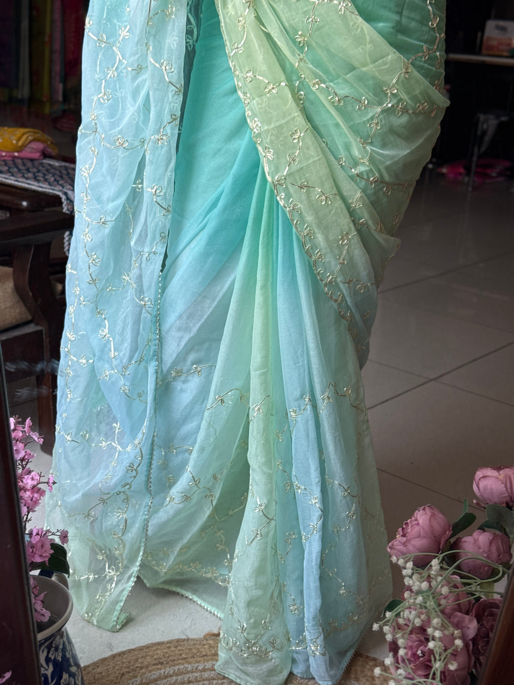 Aqua Blue Georgette Saree| Gotta Patti work| With blouse