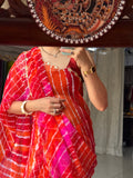 Orange Pink Pure Georgette Handblock Digital Printed Saree| Handwork cutdana buta detailing| With blouse