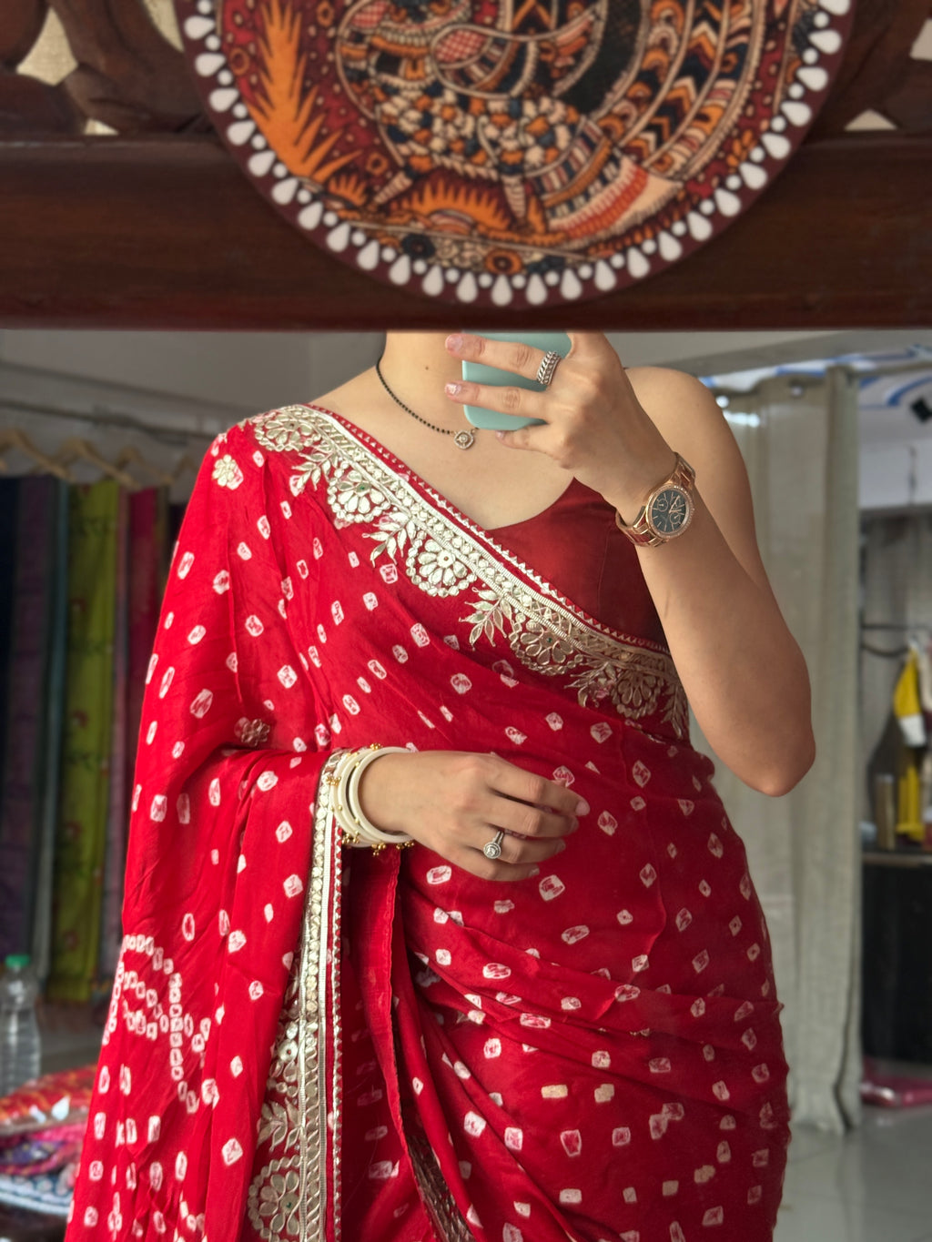 Sunehri lal Pure Gaji Silk Bandhani Saree with Gotta Patti Handwork|Comes with blouse | Premium Handwork Saree