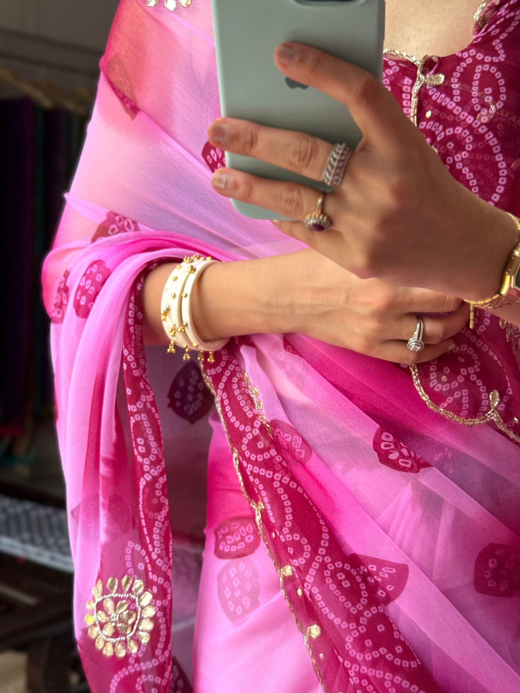 Dual tone Pure Georgette Handblock Digital Printed Saree| Handwork cutdana buta detailing| With blouse