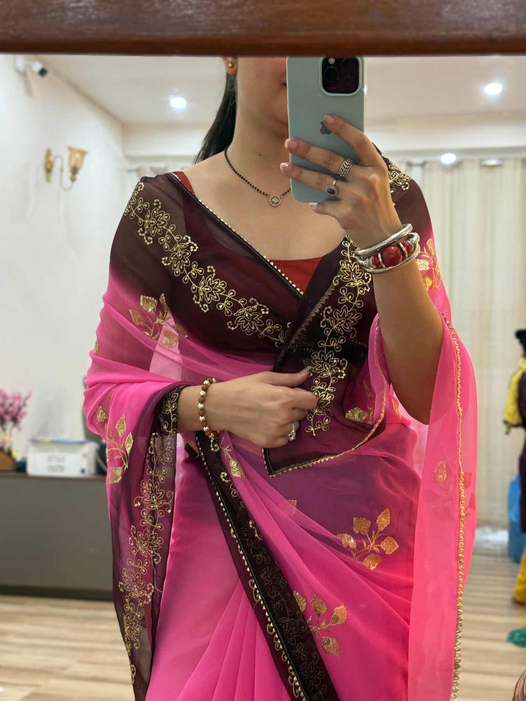 Pink Black Zari Embroidered| Georgette Sarees| Without Blouse