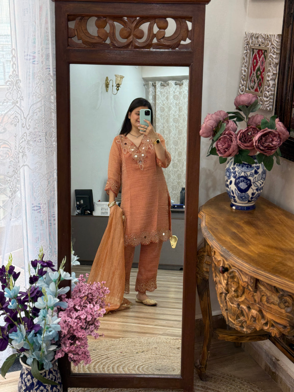Orange Crushed Tissue Suit Set| Hand Embroidered |With lining in top & bottom| Beautiful Duppata