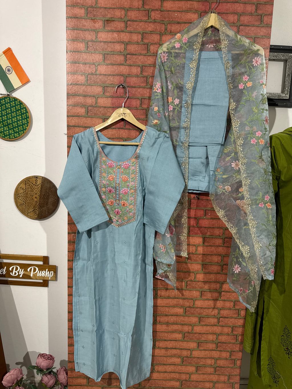 Aqua Suit Set | Silk cotton  | With lining| Embroidered|