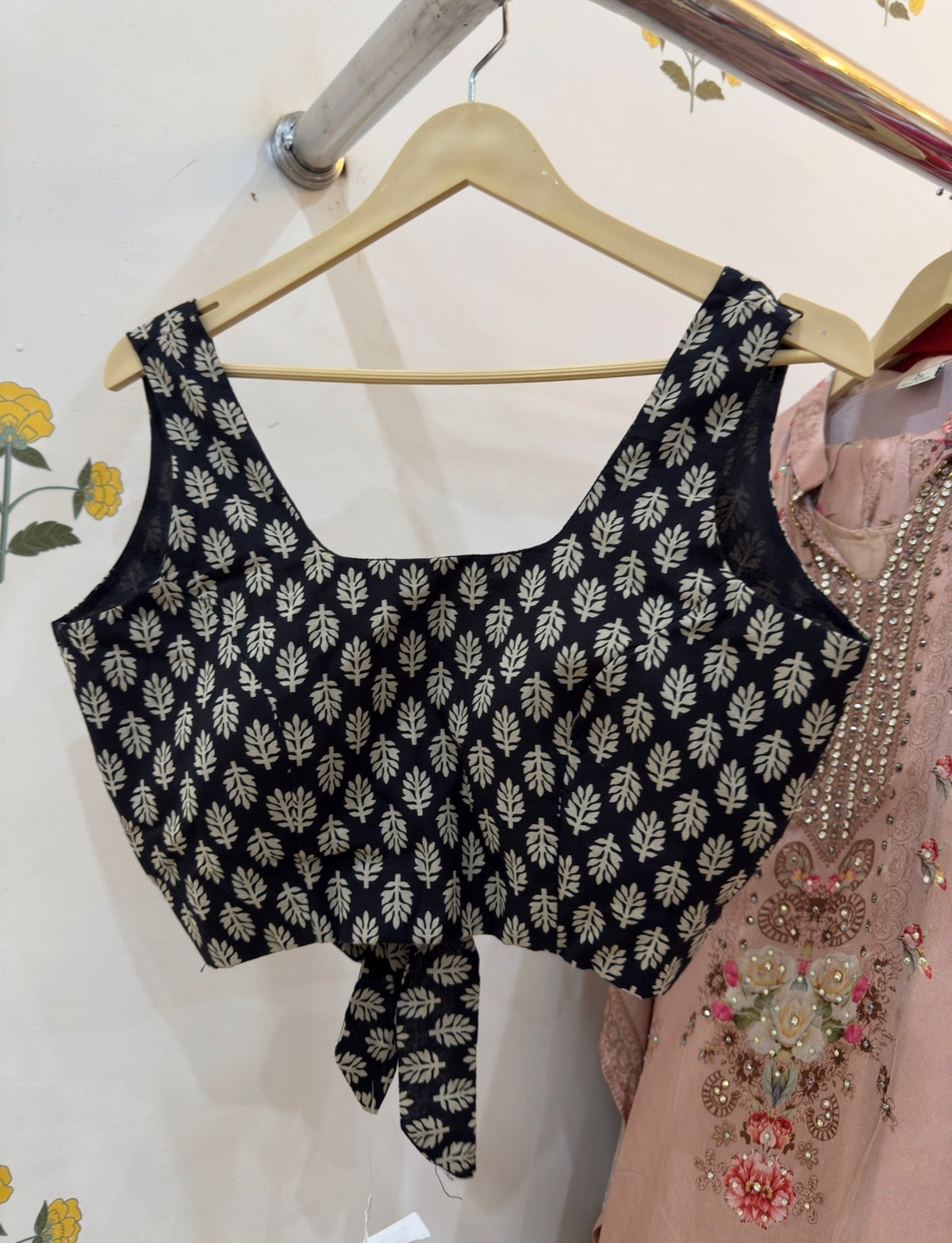 Black Print Cotton Saree Blouse with Bow detailings