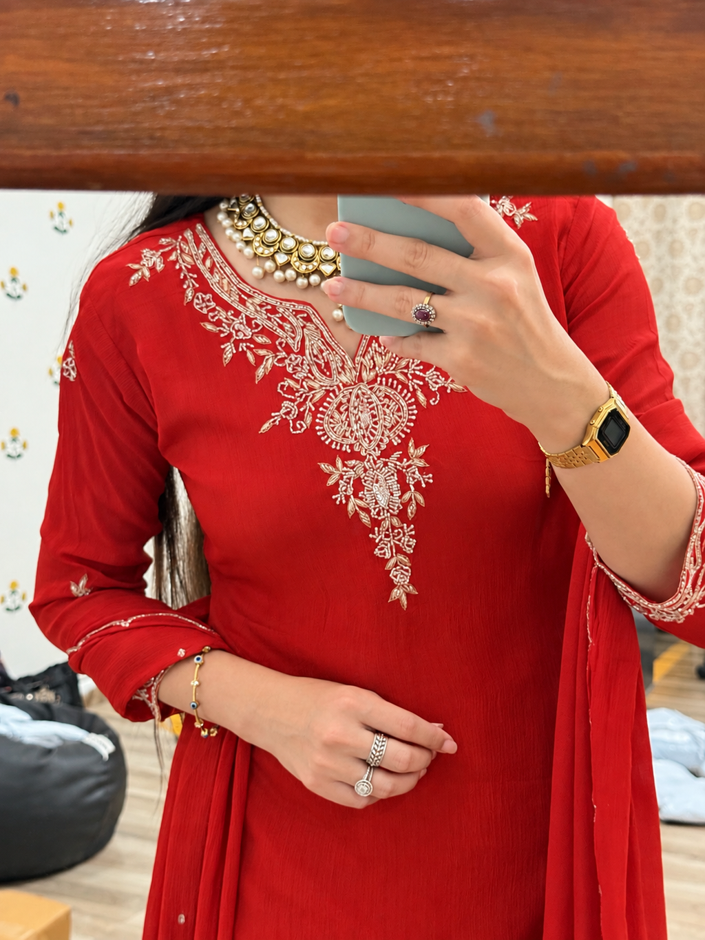 Karwachauth Special Hand embroidered Rust Orange Cutdana Suit| With lining| Chinon|Umbrella cut Plazo