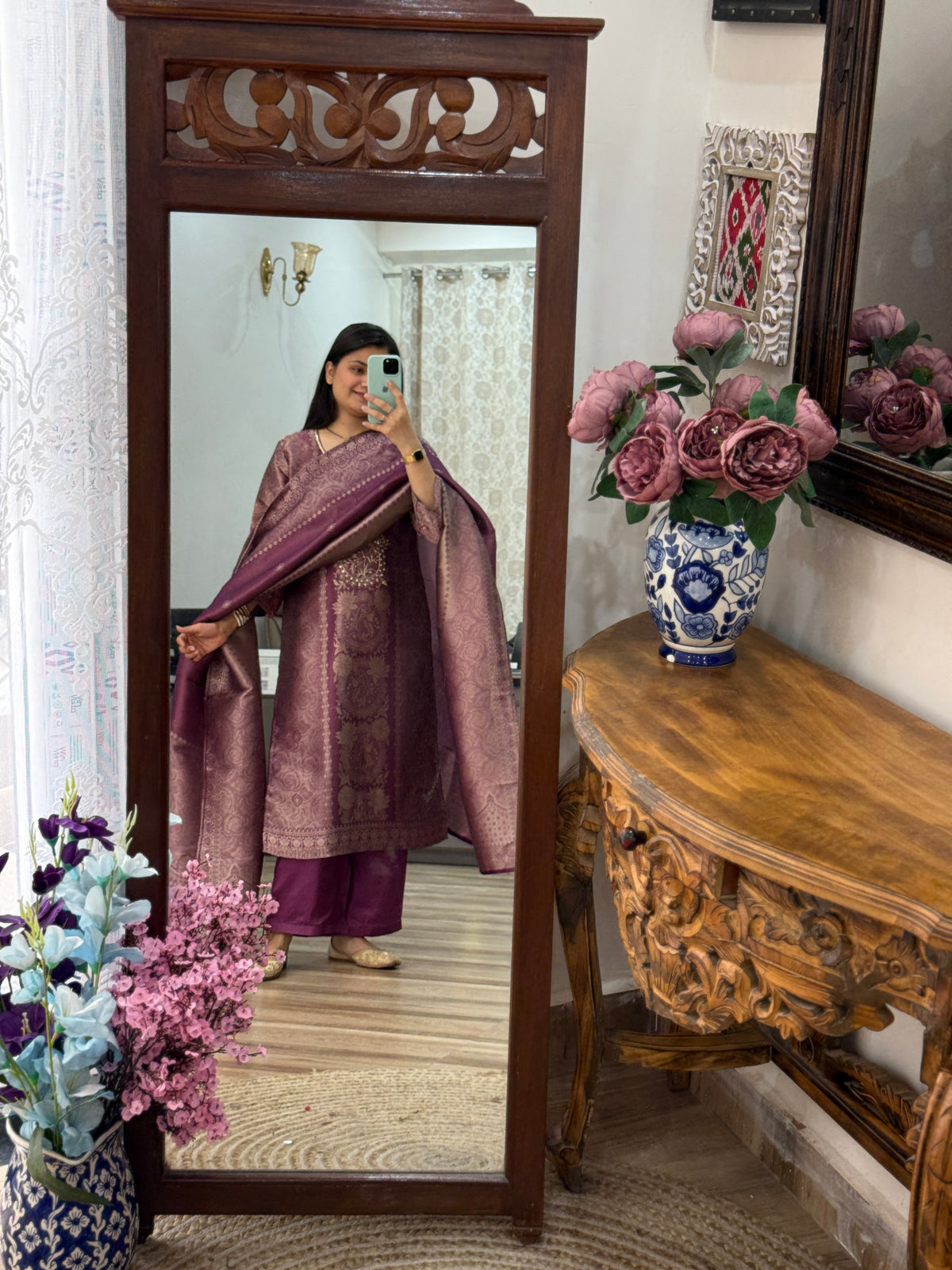 Wine Heavy Partywear Suit | Tissue Brocade suit | With cotton lining| Hand Embroidered| Designer Duppata
