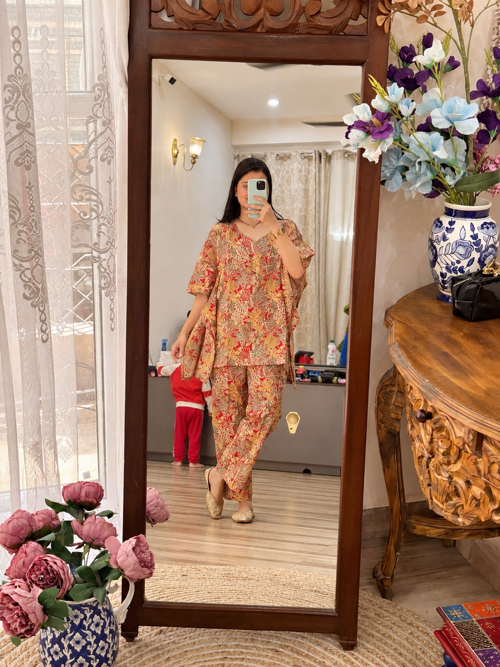 Pure Cotton abstract botanical Handblock Printed| kaftan Sets| Bottom with pocket