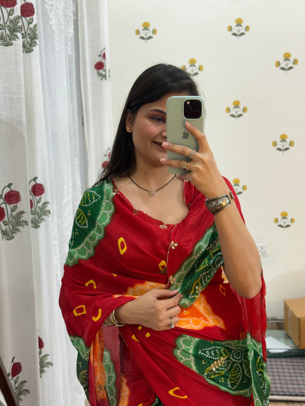 Red Pure Georgette Saree | Cutdana Handwork | With blouse