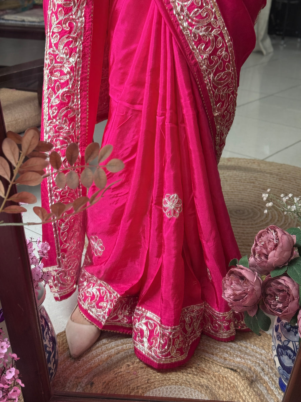 Pink Dola Silk Saree|Gota patti with sequin work| With embroidered blouse | Partywear