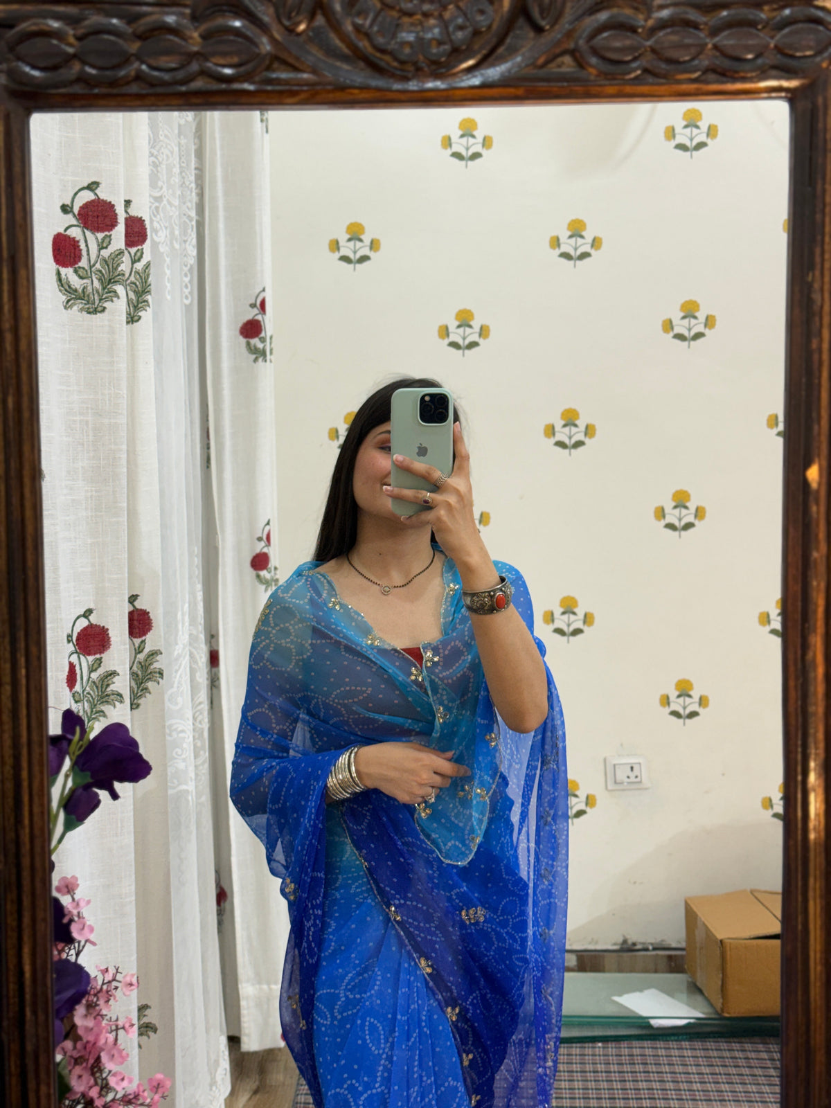 Dual tone Blue Georgette Saree | Cutdana Handwork | With blouse