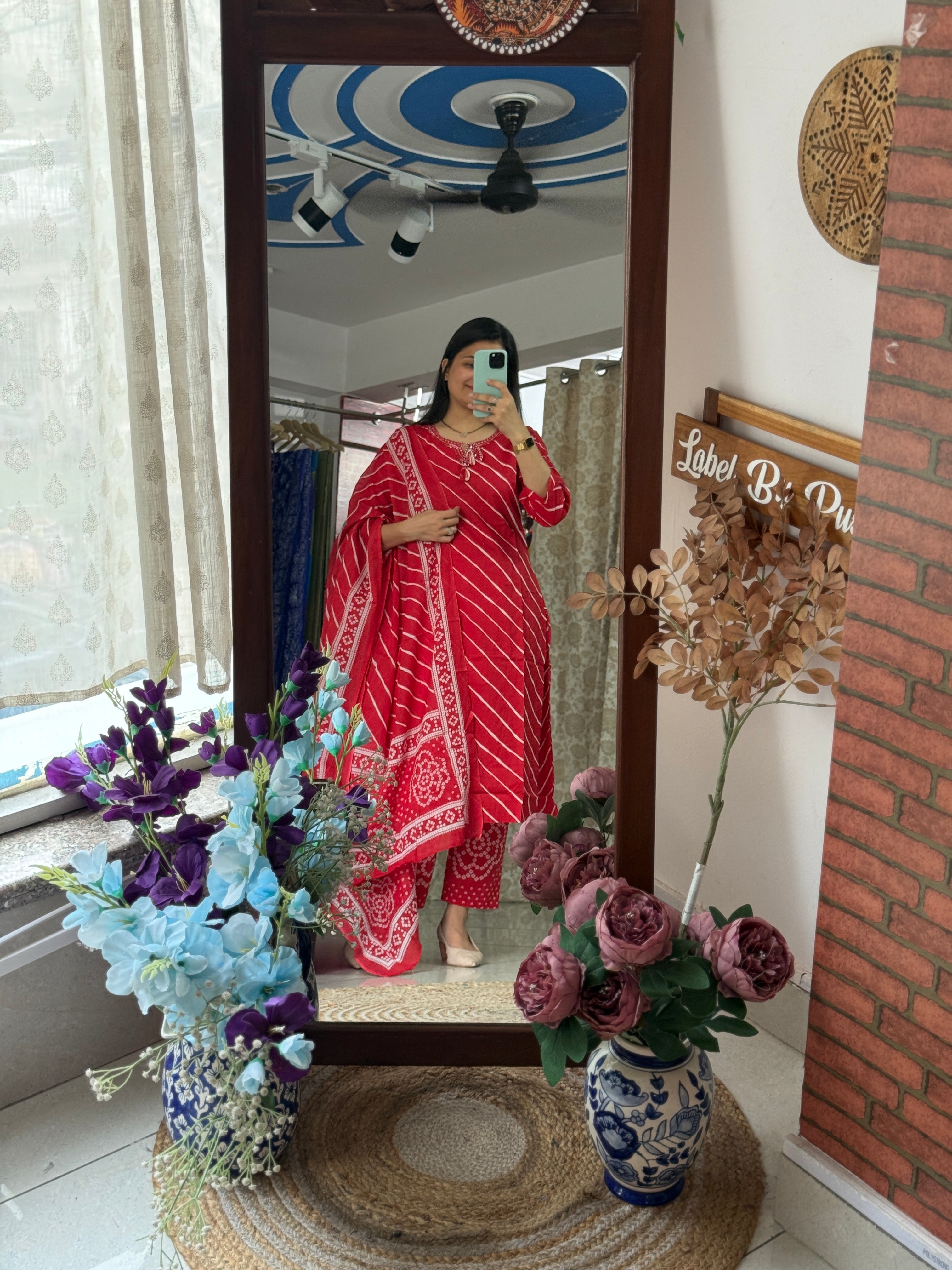 Red cotton Leheriya with bandhani bottom and a cotton Duppata