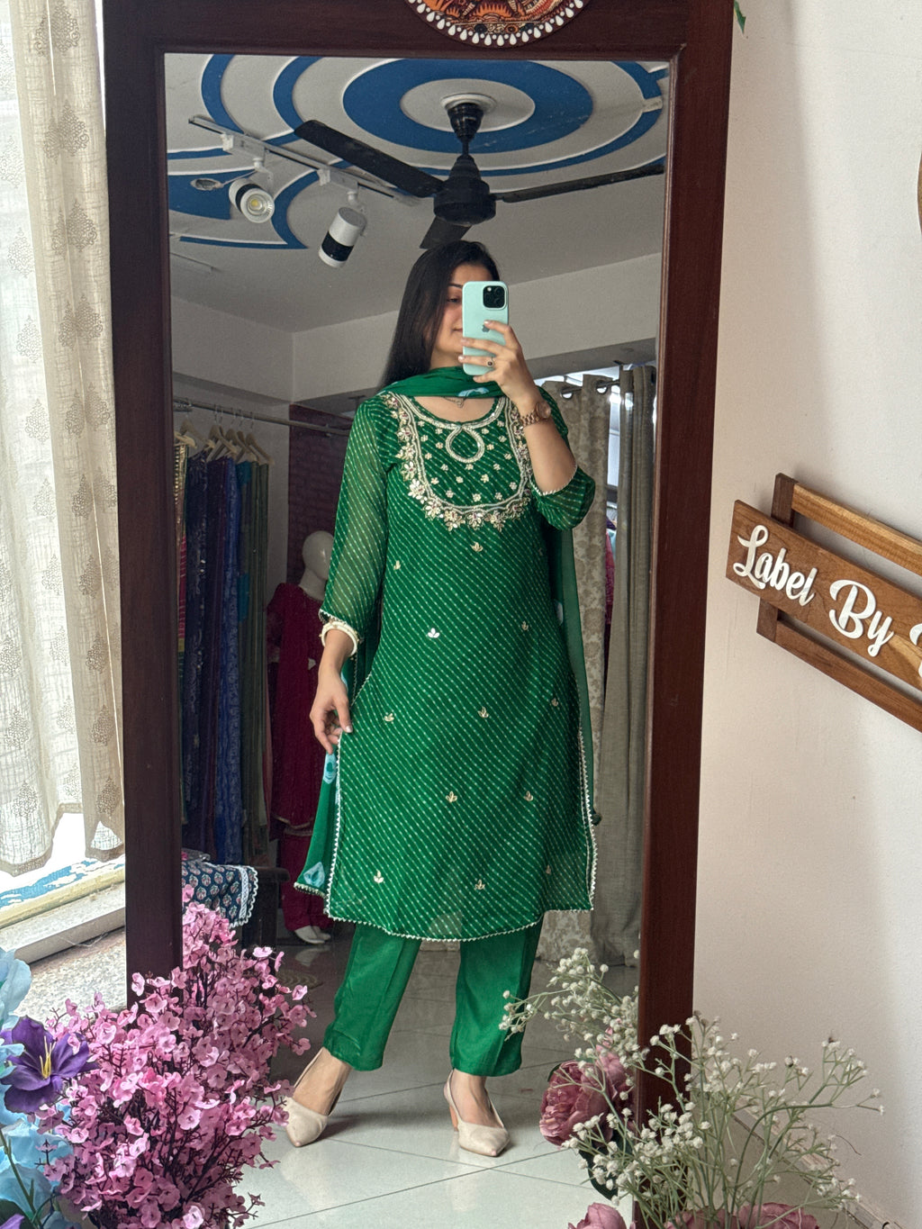 Green Leheriya Suit Set for Women | Printed Ethnic Suit with Dupatta| Hand Embroidery| With lining|Georgette with chiffon Duppata