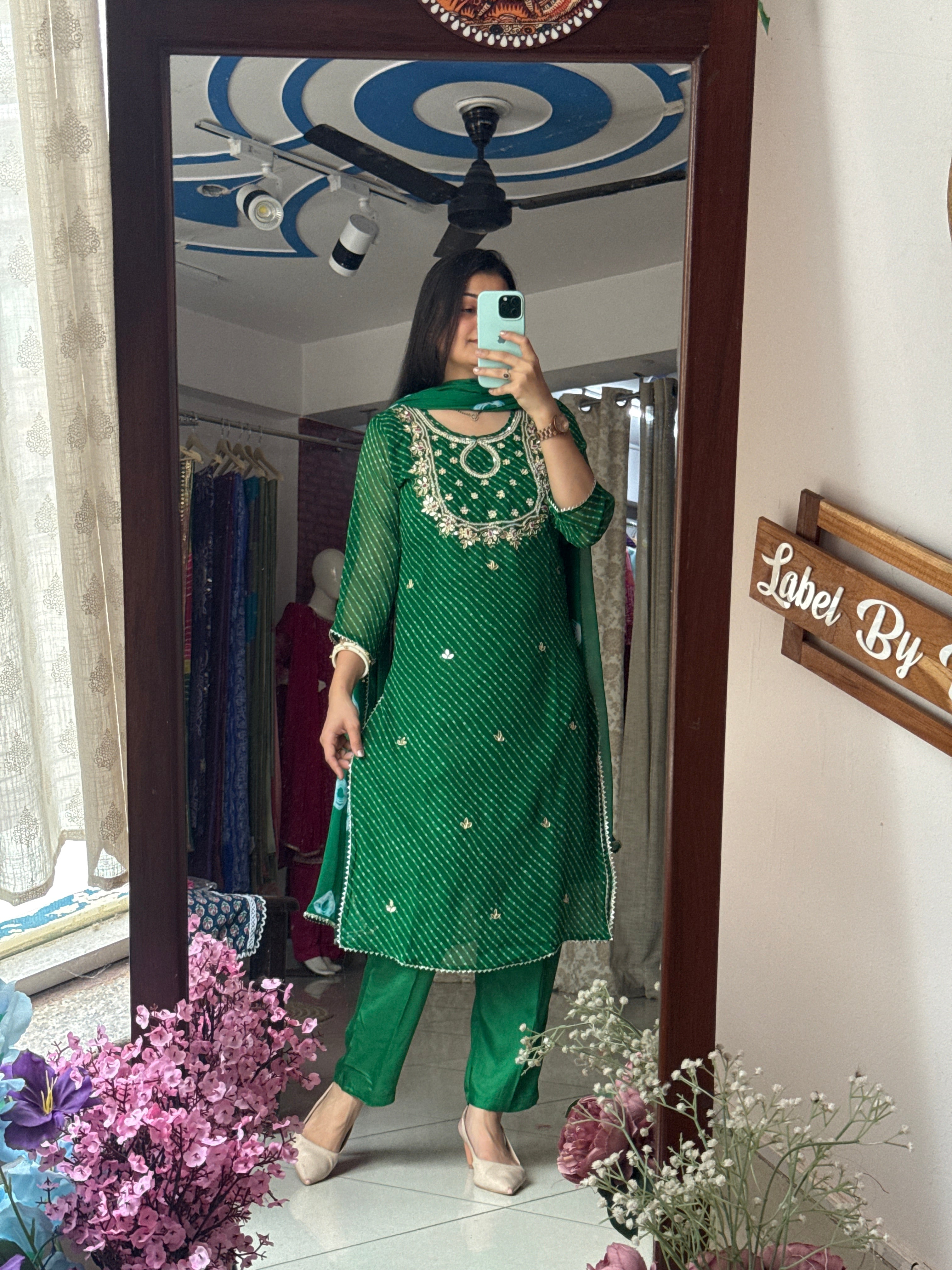 Green Leheriya Suit Set for Women | Printed Ethnic Suit with Dupatta| Hand Embroidery| With lining|Georgette with chiffon Duppata