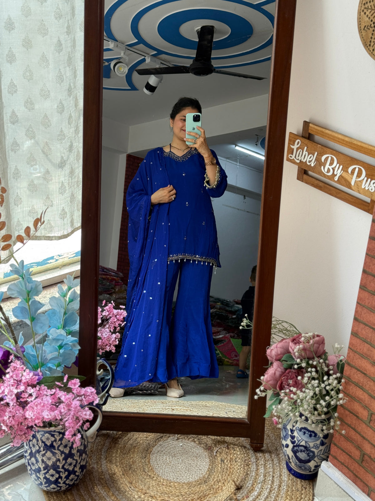 Blue Sharara Set| Chinon | lining in top + bottom | Hand Embroidered | Embroidered Duppata