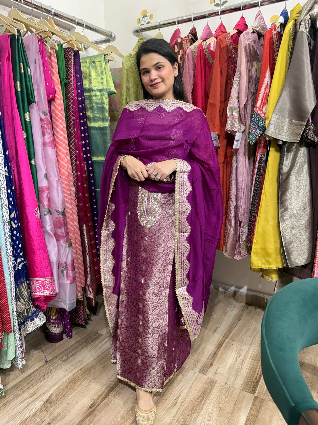Wine Purple Pure Silk Woven suit set| Dabka Work | Hand embroidered | With cotton lining| Silk bottom with pocket and buttons| Tissue Duppata