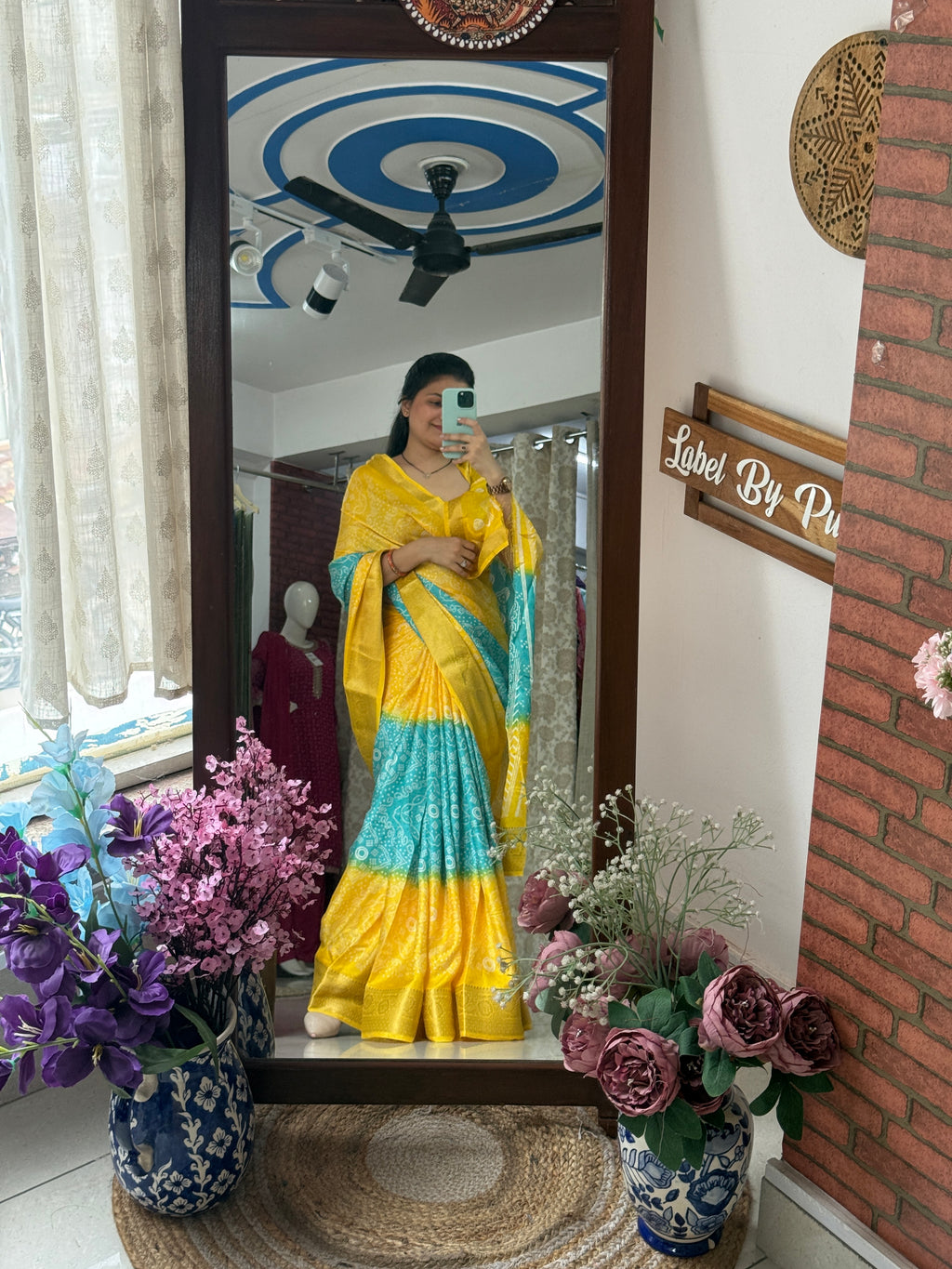 Pink Yellow Bandhani Saree|  Woven border on both sides| With blouse| Self weave dola silk
