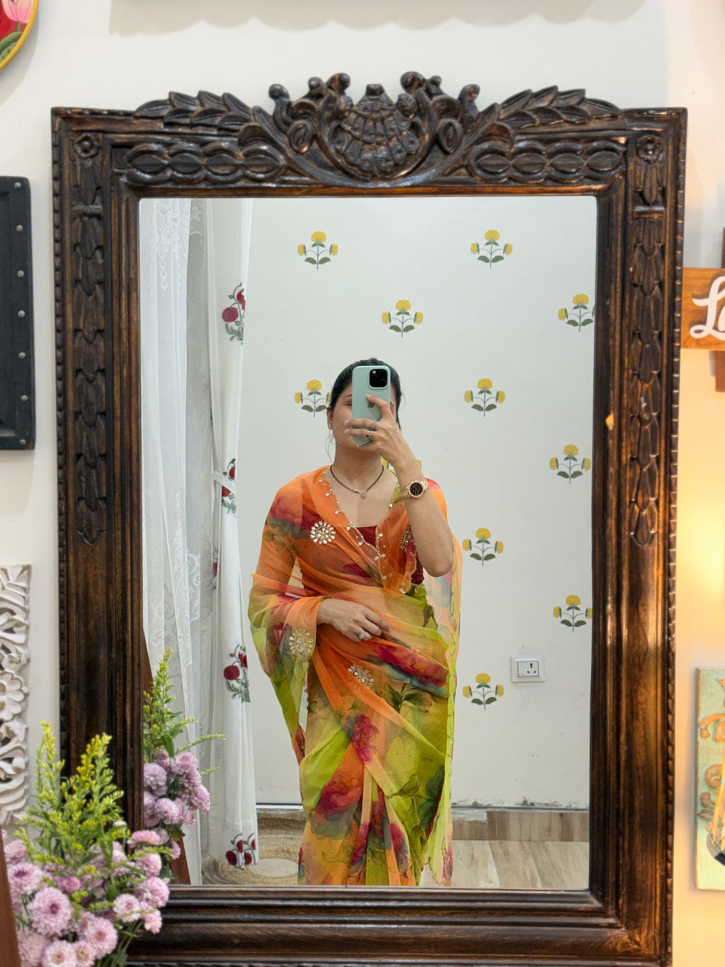 Green Multicolour |Pure Georgette Digital Printed Saree| Handwork cutdana detailing| Without blouse