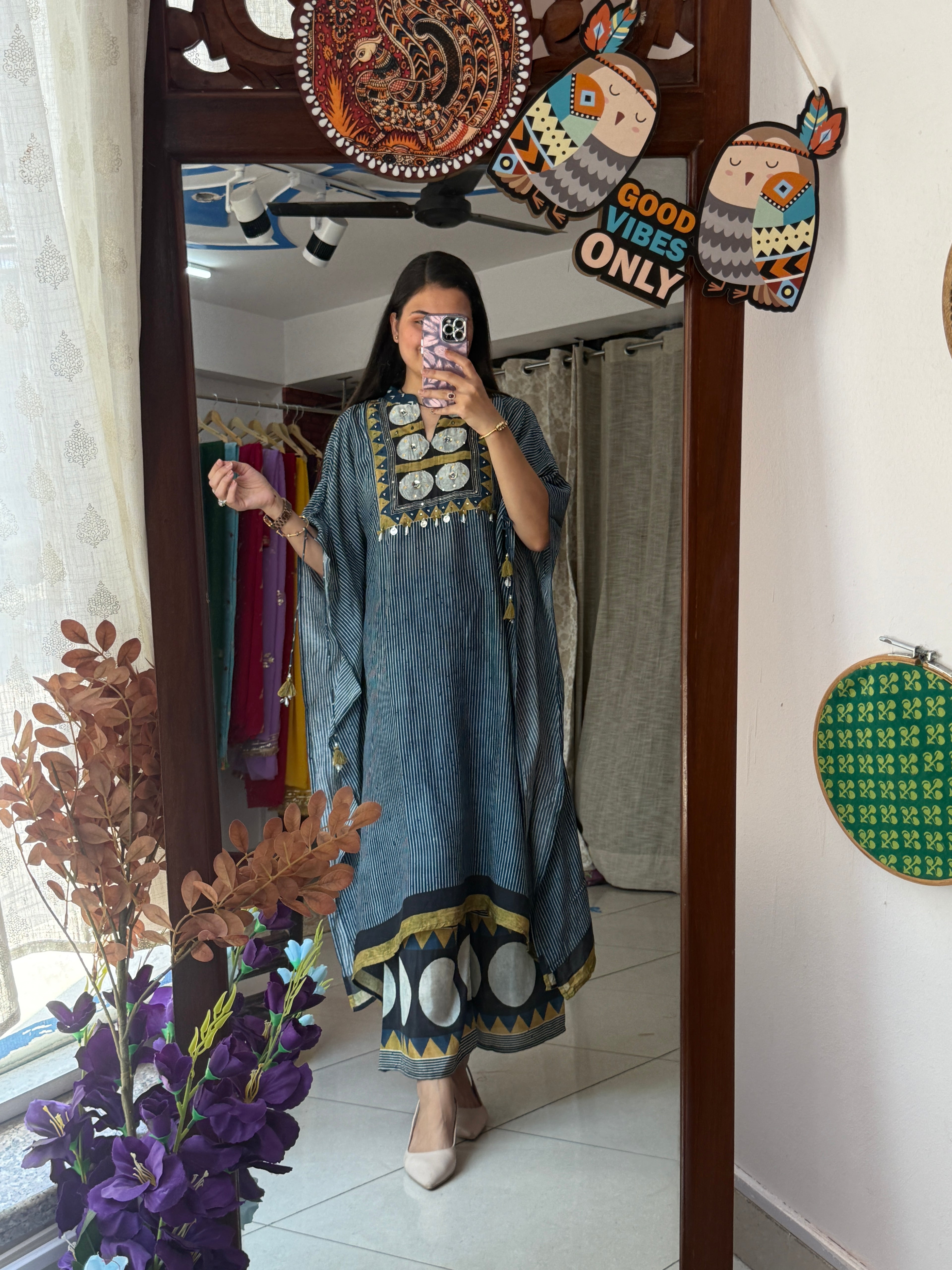 Blue Printed Kaftan Set for Women | Stylish Ethnic Kaftan Co-Ord