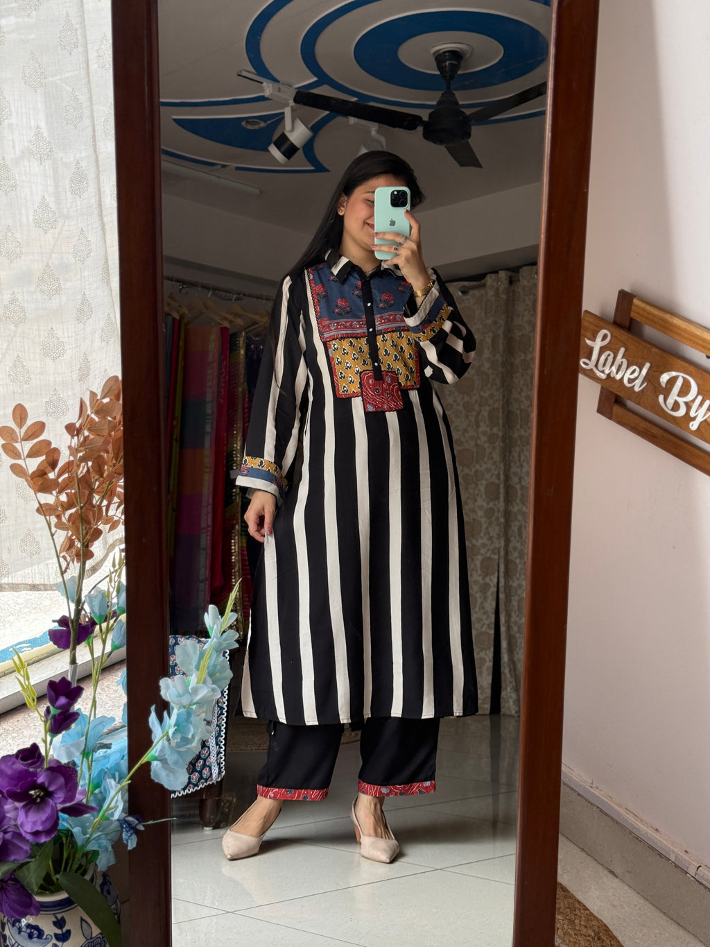 Blue Printed Kurta Pant Set for Women | Striped Ethnic Kurta Set