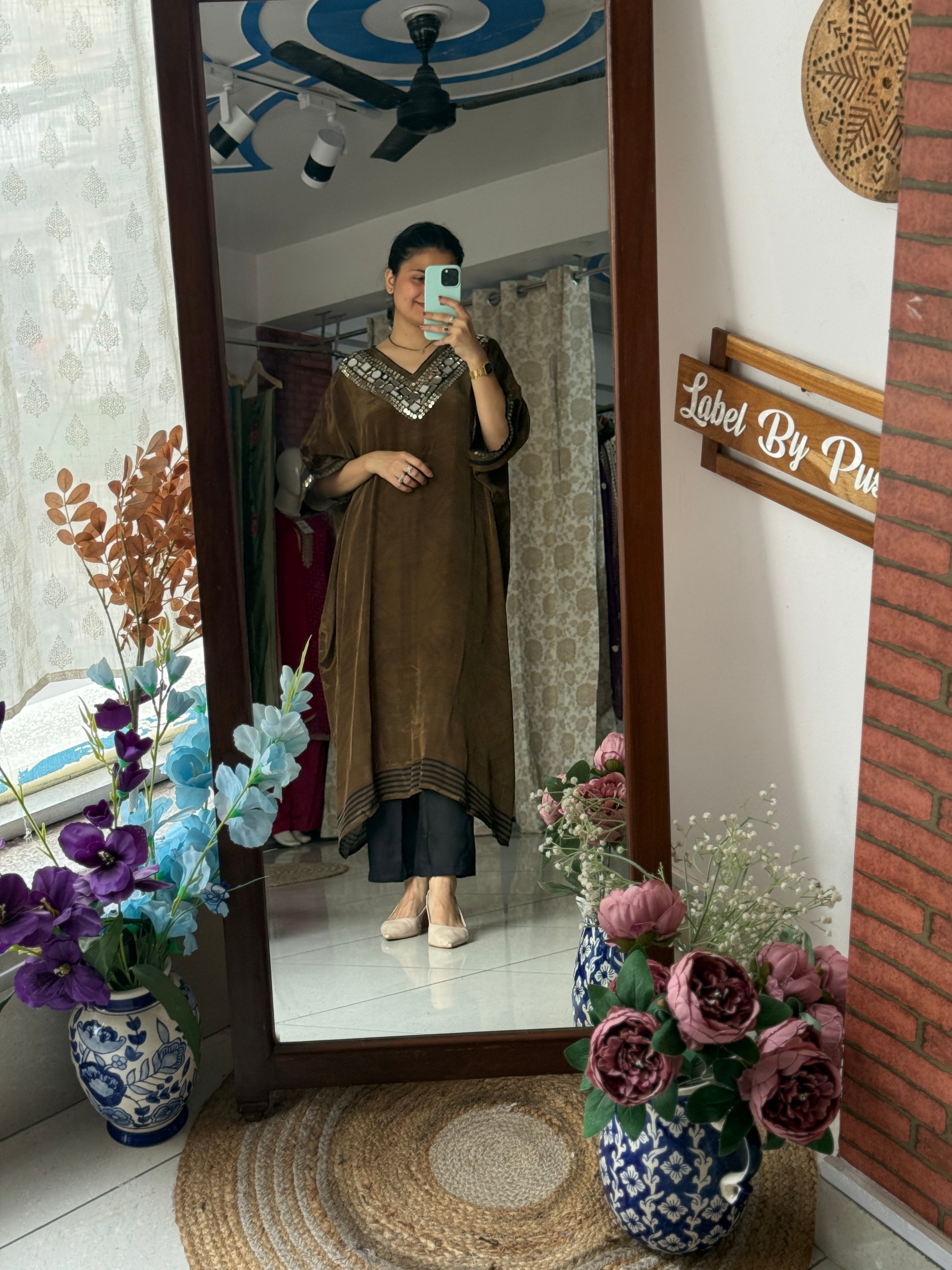 Coffee Brown Kaftan Set for Women | Embroidered Ethnic Kaftan with Pants