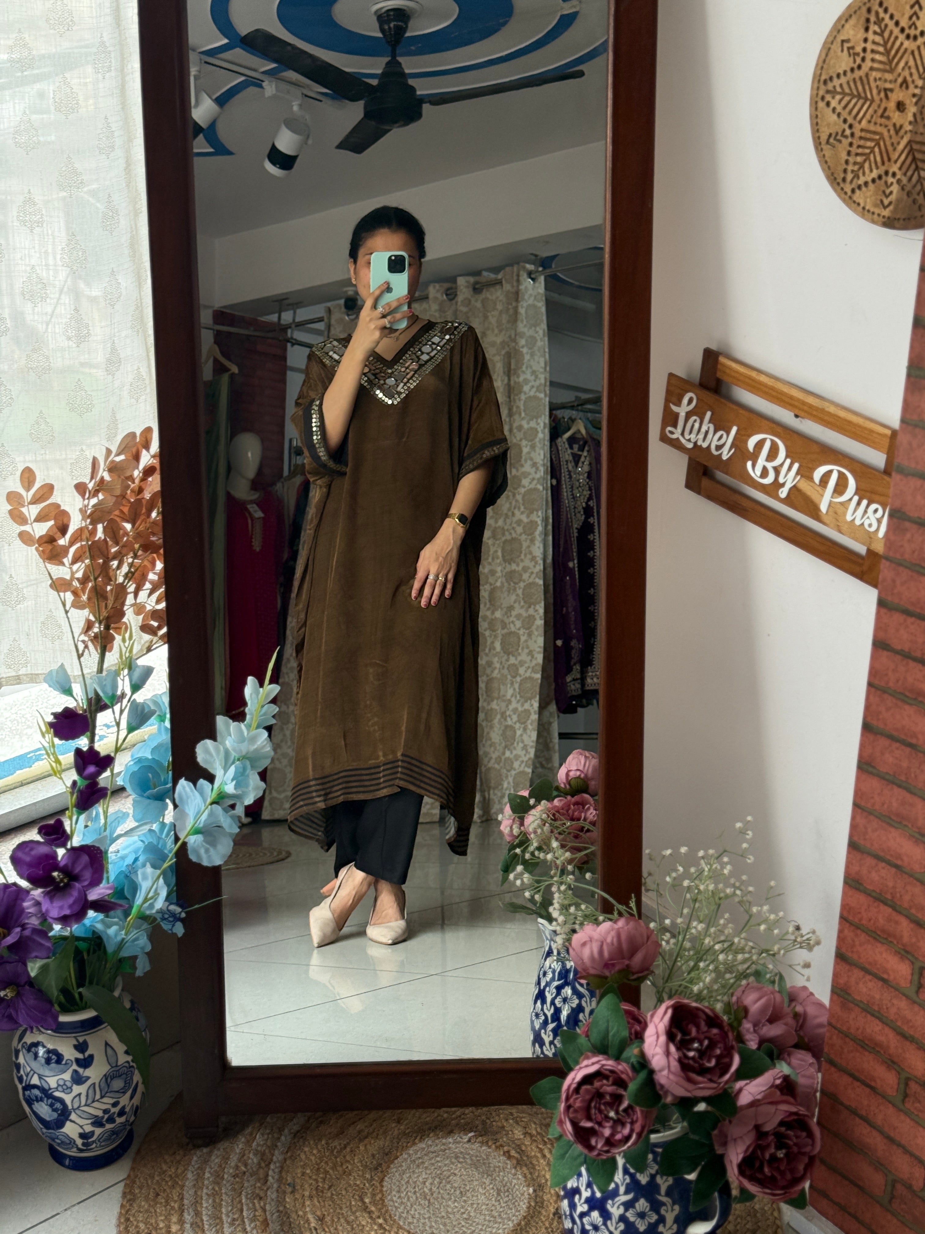 Coffee Brown Kaftan Set for Women | Embroidered Ethnic Kaftan with Pants