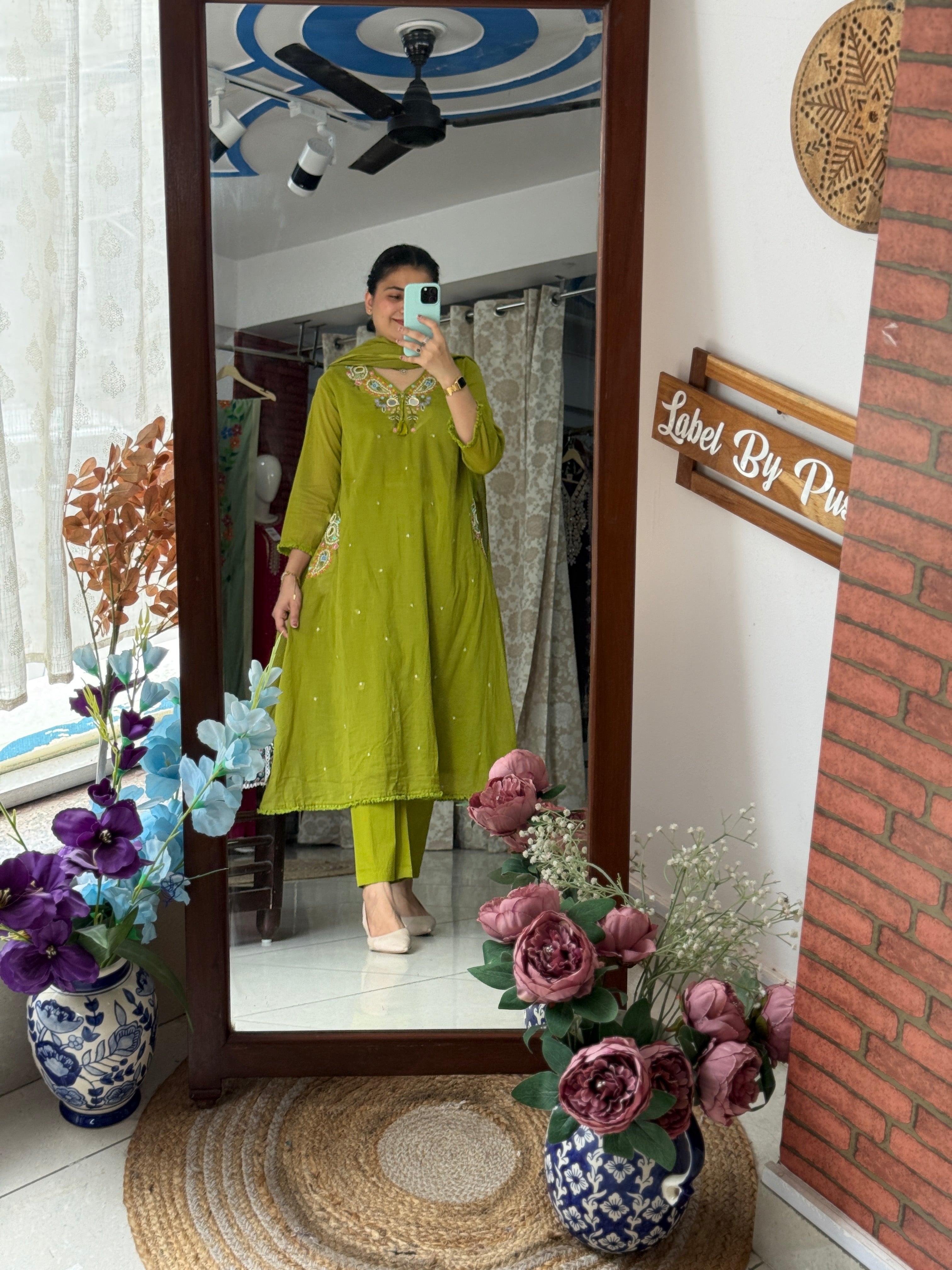 Green Embroidered Party Wear Suit Set for Women with Matching Dupatta | Label By Pushp