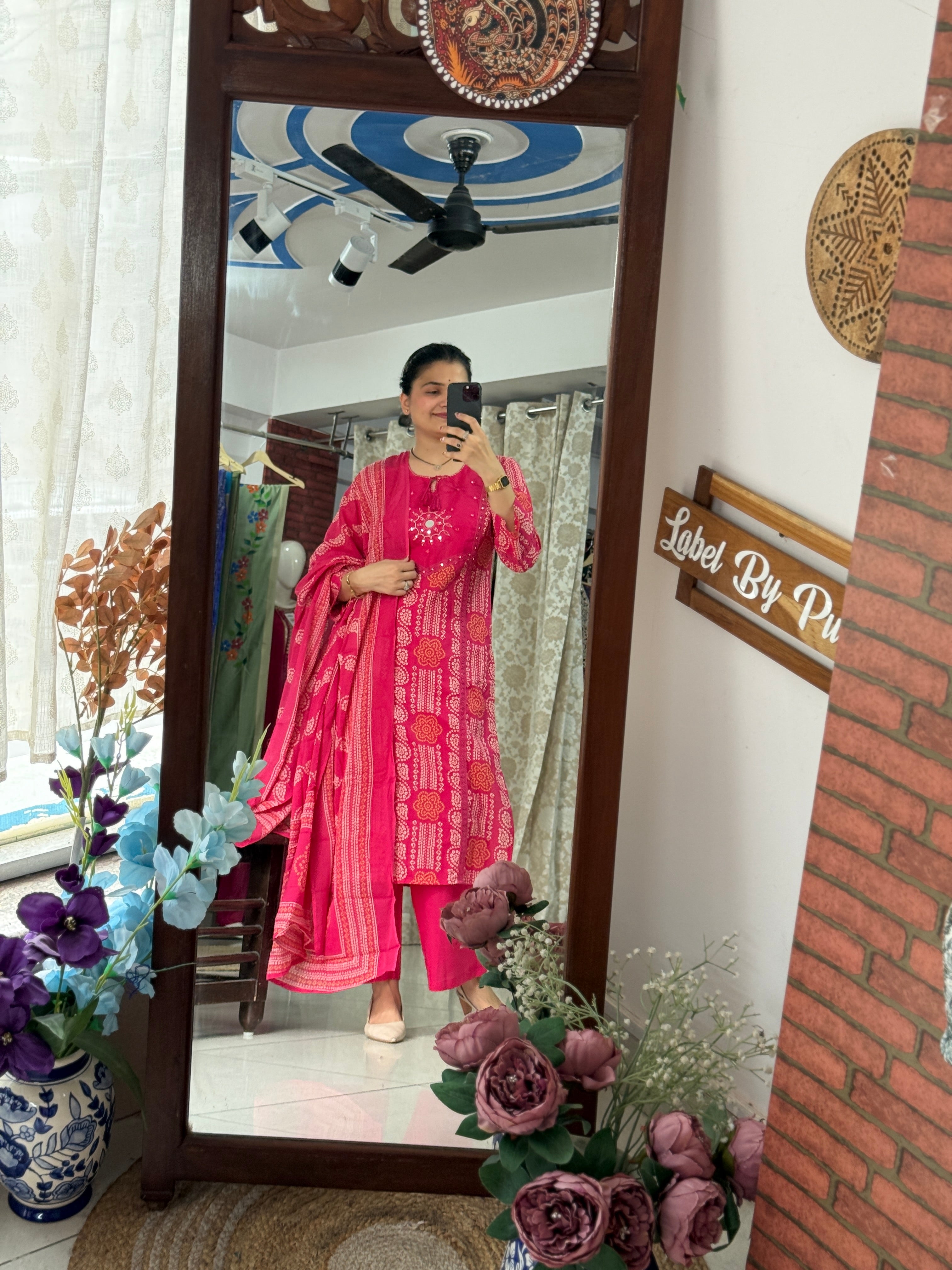 Pink Bandhani Suit Set for Women | Printed Ethnic Suit with Dupatta