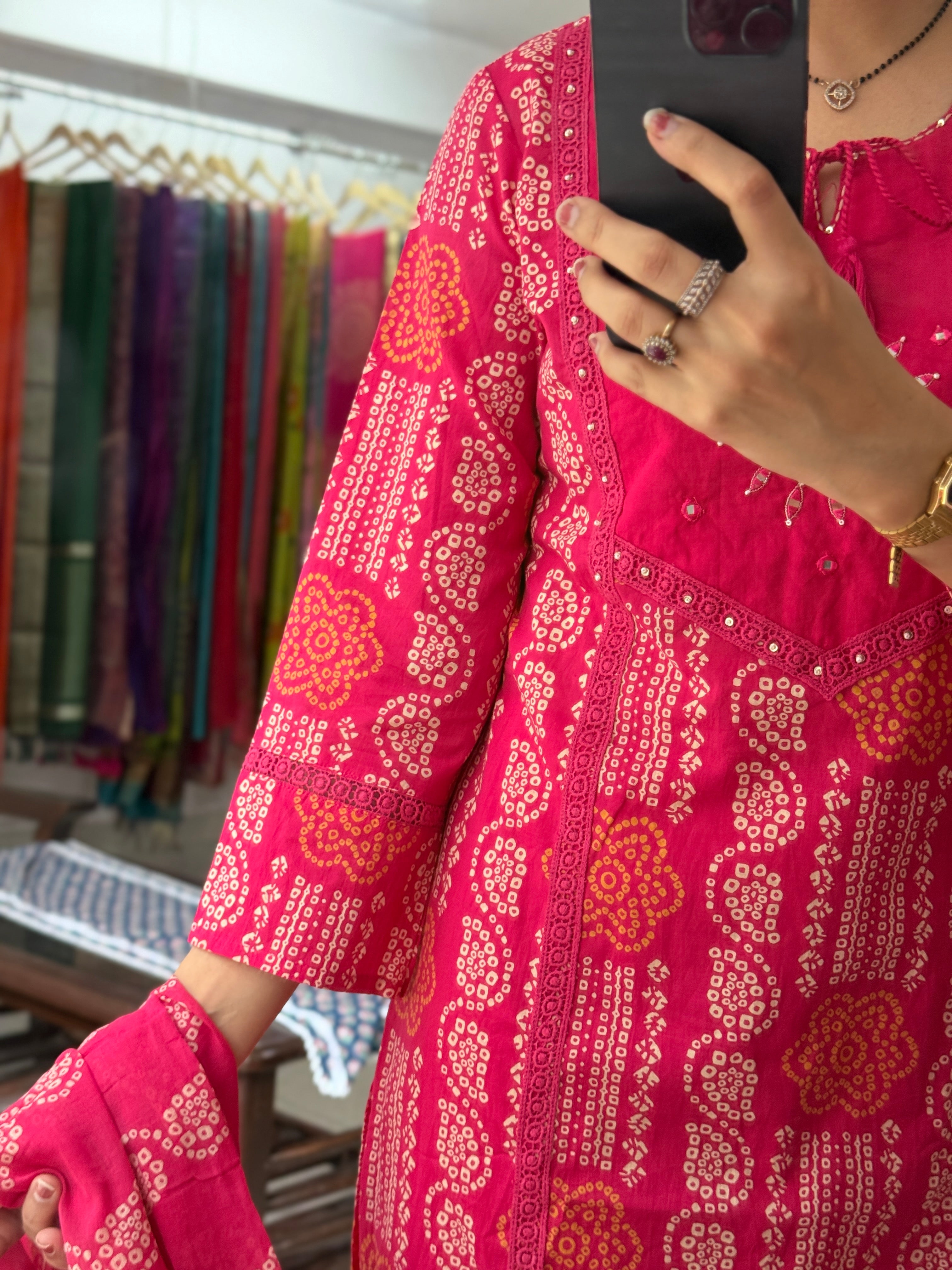 Pink Bandhani Suit Set for Women | Printed Ethnic Suit with Dupatta