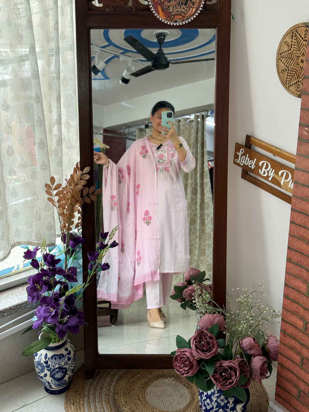 Baby Pink Embroidered Suit Set for Women | Floral Cotton Suit with Dupatta