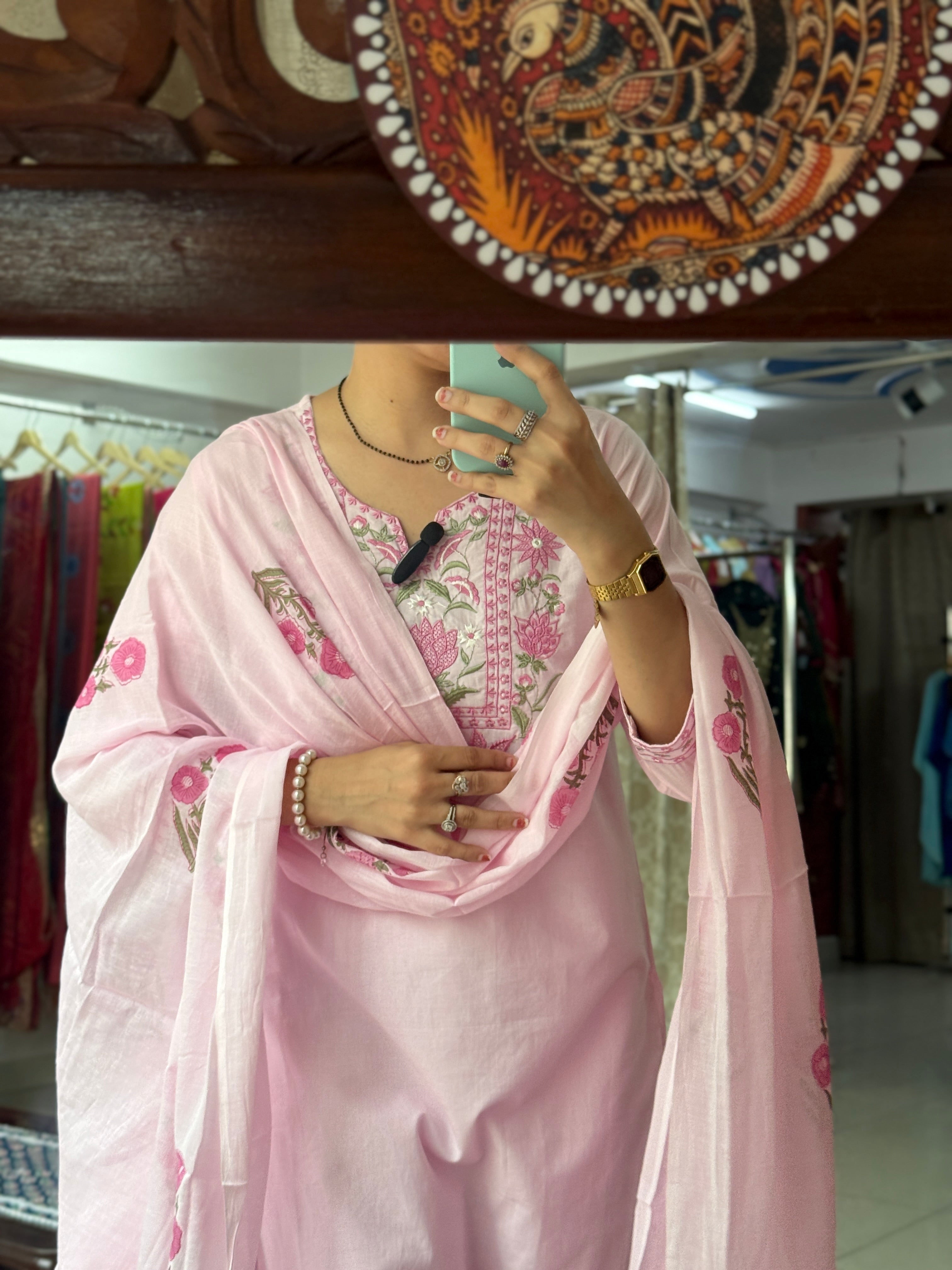 Baby Pink Embroidered Suit Set for Women | Floral Cotton Suit with Dupatta
