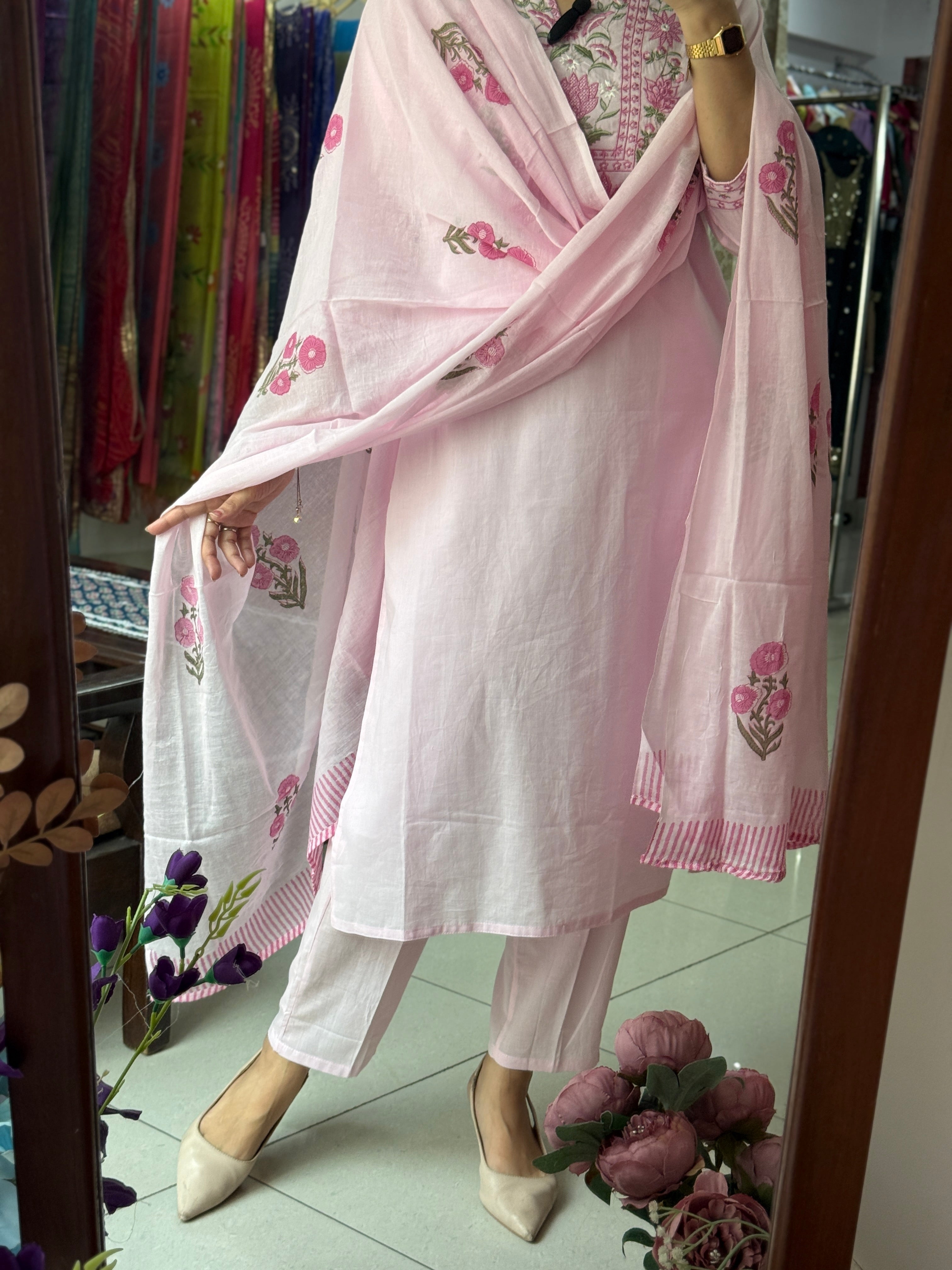 Baby Pink Embroidered Suit Set for Women | Floral Cotton Suit with Dupatta