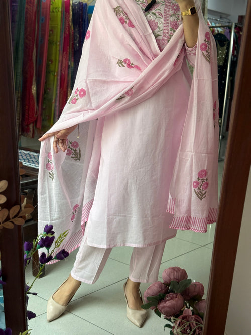 Baby Pink Embroidered Suit Set for Women | Floral Cotton Suit with Dupatta