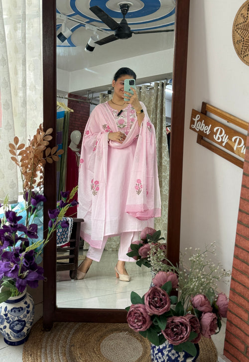 Baby Pink Embroidered Cotton Suit Set for Women with Matching Dupatta | Label By Pushp