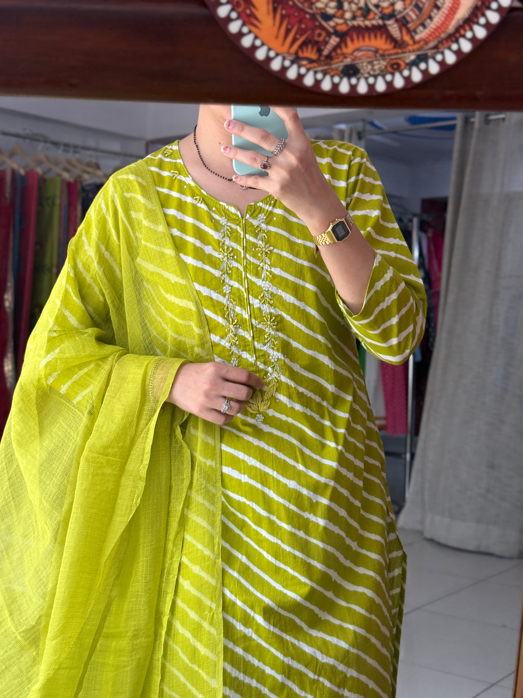 Green Leheriya Suit Set for Women | Cotton Ethnic Suit with Dupatta