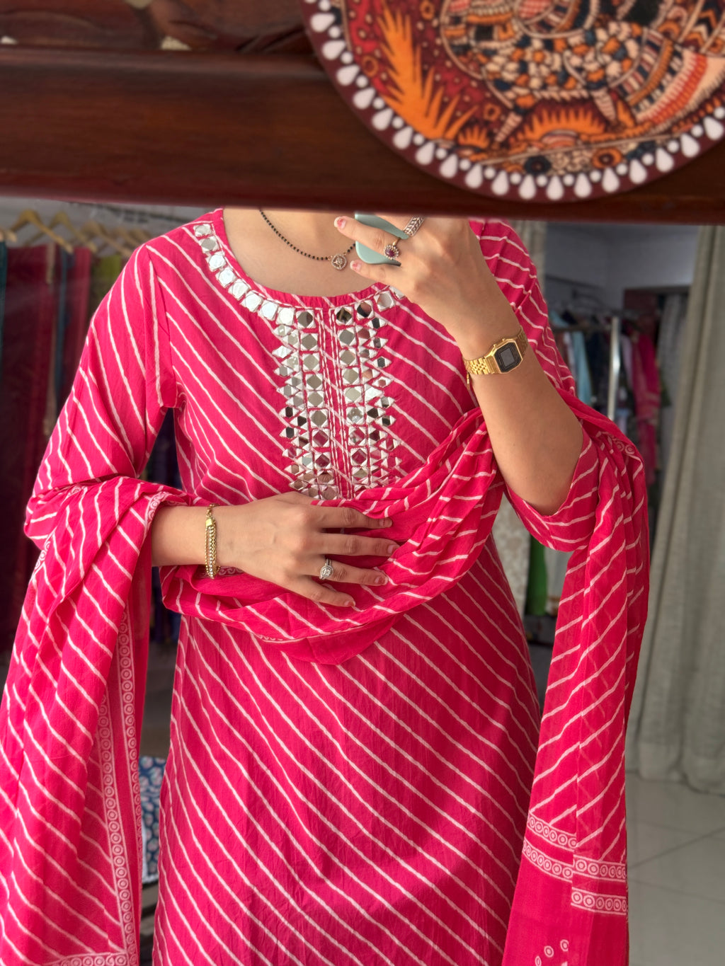 Pink Leheriya Suit Set for Women | Embroidered Ethnic Suit with Dupatta