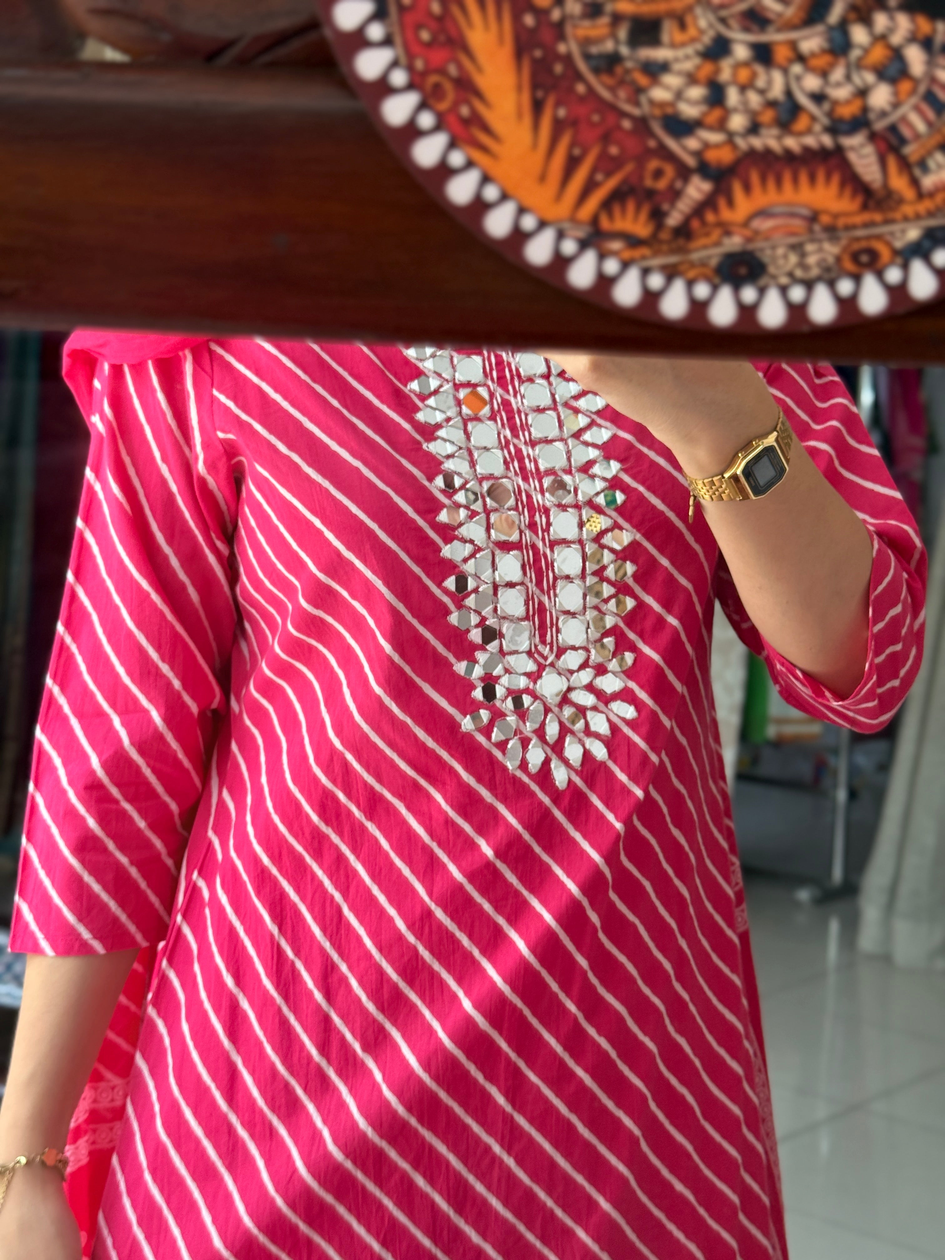 Pink Leheriya Suit Set for Women | Embroidered Ethnic Suit with Dupatta