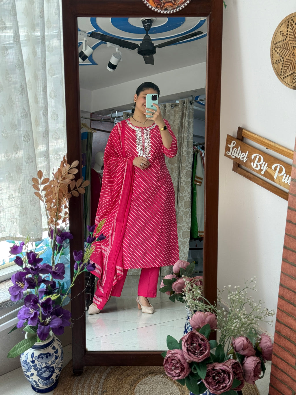 Pink Leheriya Suit Set for Women | Embroidered Ethnic Suit with Dupatta