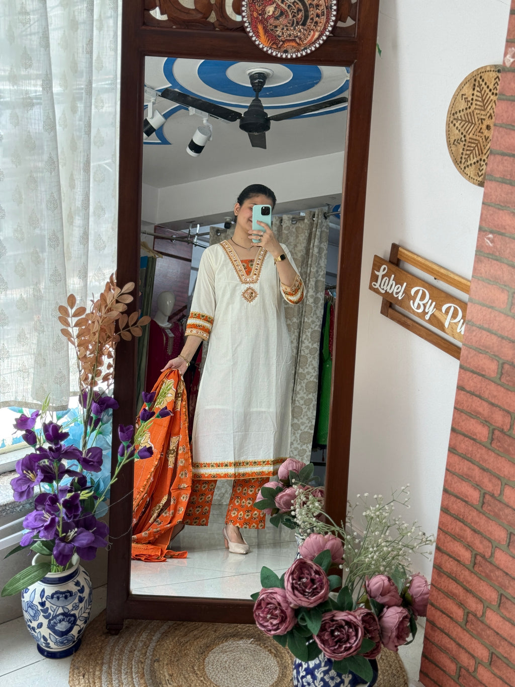 Orange Cotton Suit Set for Women | Embroidered Ethnic Suit with Dupatta