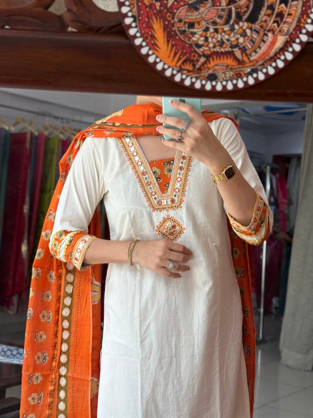 Orange Cotton Suit Set for Women | Embroidered Ethnic Suit with Dupatta