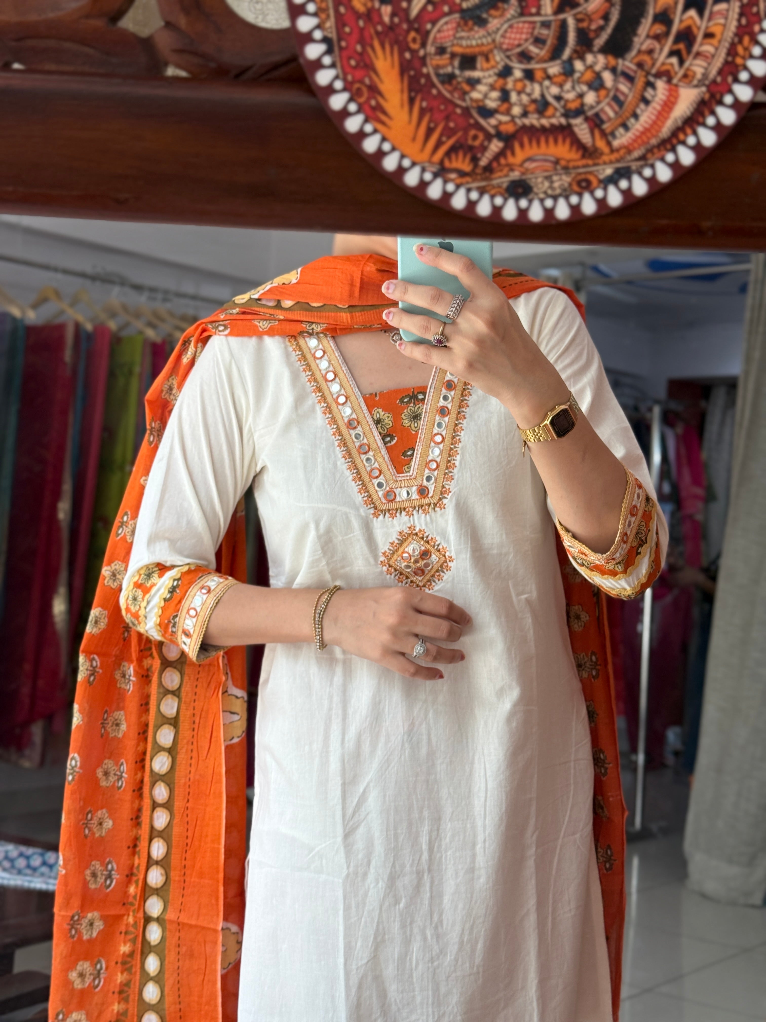 Orange Cotton Suit Set for Women | Embroidered Ethnic Suit with Dupatta
