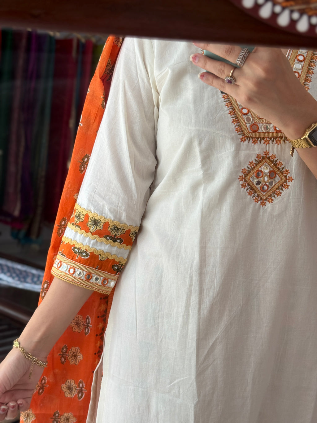 Orange Cotton Suit Set for Women | Embroidered Ethnic Suit with Dupatta