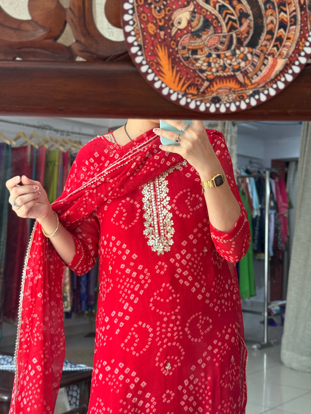 Red Bandhani Suit Set for Women | Printed Ethnic Suit with Dupatta